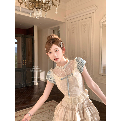 迟伞伞粗花呢蓝丝绒拼接蕾丝上衣