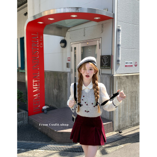 迟伞伞 手工花朵v领羊毛背心马甲灯芯绒车厘子红半裙 樱桃学姐