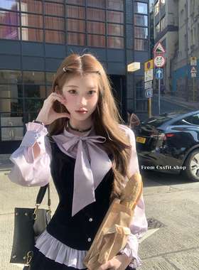 迟伞伞25/ss 私藏月色 thetis紫色拼接衬衫马甲假两件丝绒上衣女