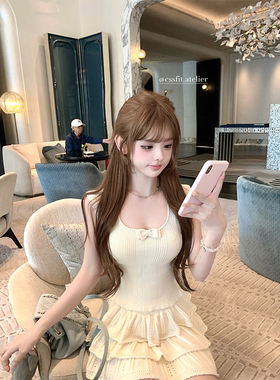 迟伞伞25/ss Fuzzy夏梦 冰麻u领蝴蝶结修身上衣镂空针织蛋糕半裙