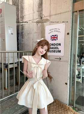 迟伞伞26/ss 利昂帆船港 fletta刺绣花边海军领长短款纯棉连衣裙