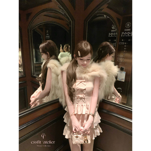 迟伞伞26/ss 山茶gift ch25 粉色吊带针织蛋糕裙连衣裙 长/短款