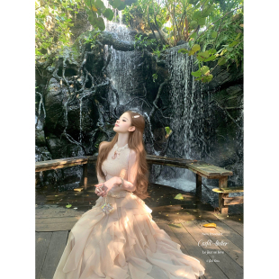 冰麻水滴镂空针织上衣不规则荷叶边长裙 绯色云樱 迟伞伞26