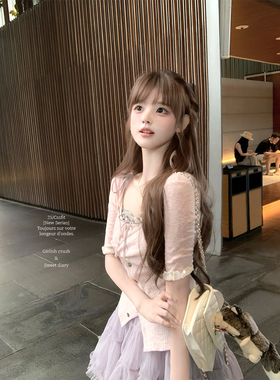 迟伞伞26/ss  sunny ice 韩女芭蕾粉棉质上衣灰色系带吊带套装