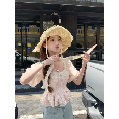 迟伞伞粉色刺绣花朵收腰上衣