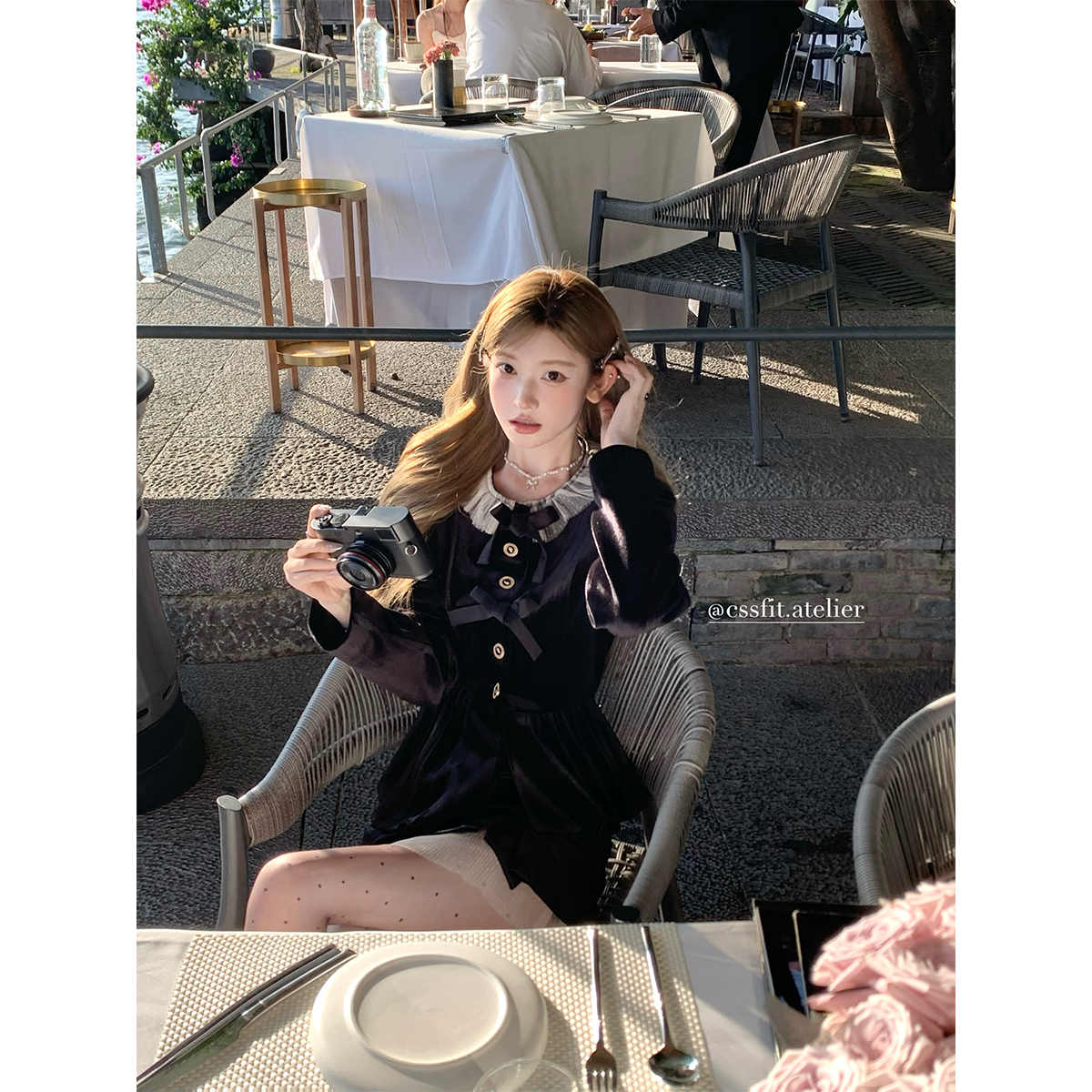 迟伞伞 赫本往事 网纱拼接蝴蝶结丝绒外套半裙短裙千金感套装女