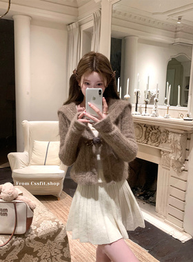 迟伞伞 栗栗奶咖ma*chen超细幼马海毛翻领开衫花边领打底衫上衣