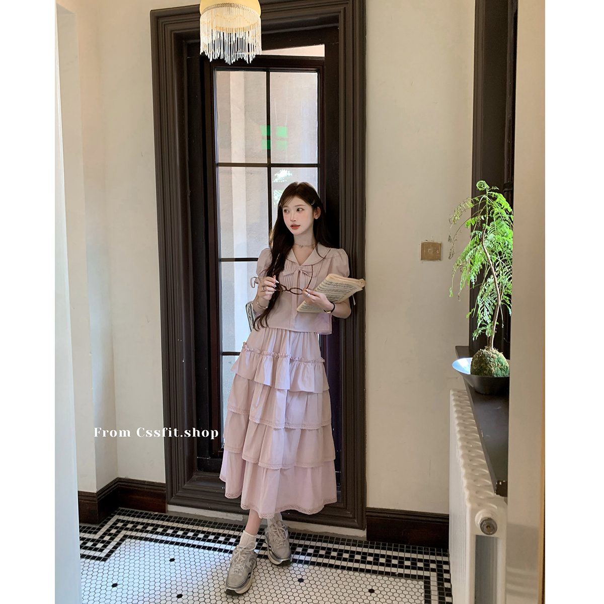 淡紫色衬衫长裙2024年夏季