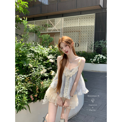 迟伞伞26/ss 甜梨芙芙 晕染蓝蕾丝细闪系带亮片上衣清冷感吊带