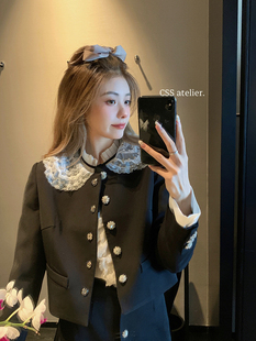 外套女遮胯高腰半身裙套装 迟伞伞 手工钉珠领钻扣miu系重工西装