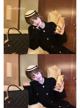 迟伞伞25/fw 贵感美女 小香风系带黑色中长款针织开衫羊毛外套