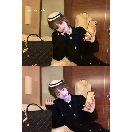 迟伞伞25/fw 贵感美女 小香风系带黑色中长款针织开衫羊毛外套