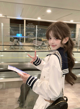 迟伞伞26/ss 青空航线 miu系两色海军风外套纽扣半裙棉质套装春