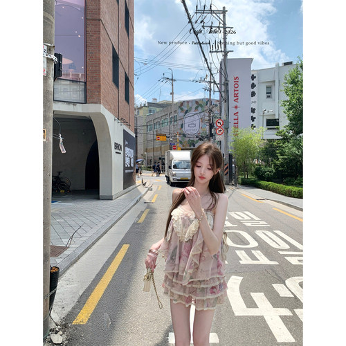 迟伞伞刺绣渐变细闪碎花吊带半裙