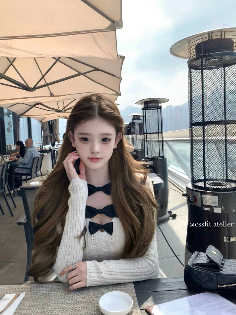 Woman wearing a white knit long-sleeve top with black bow details at a rooftop cafe