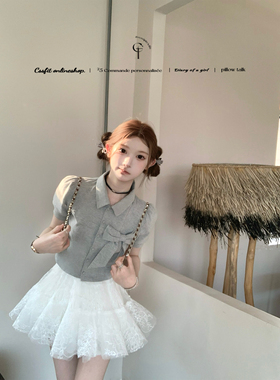 迟伞伞 26/ss Rattat心动 奶灰色立体蝴蝶结polo领纯棉短袖tee