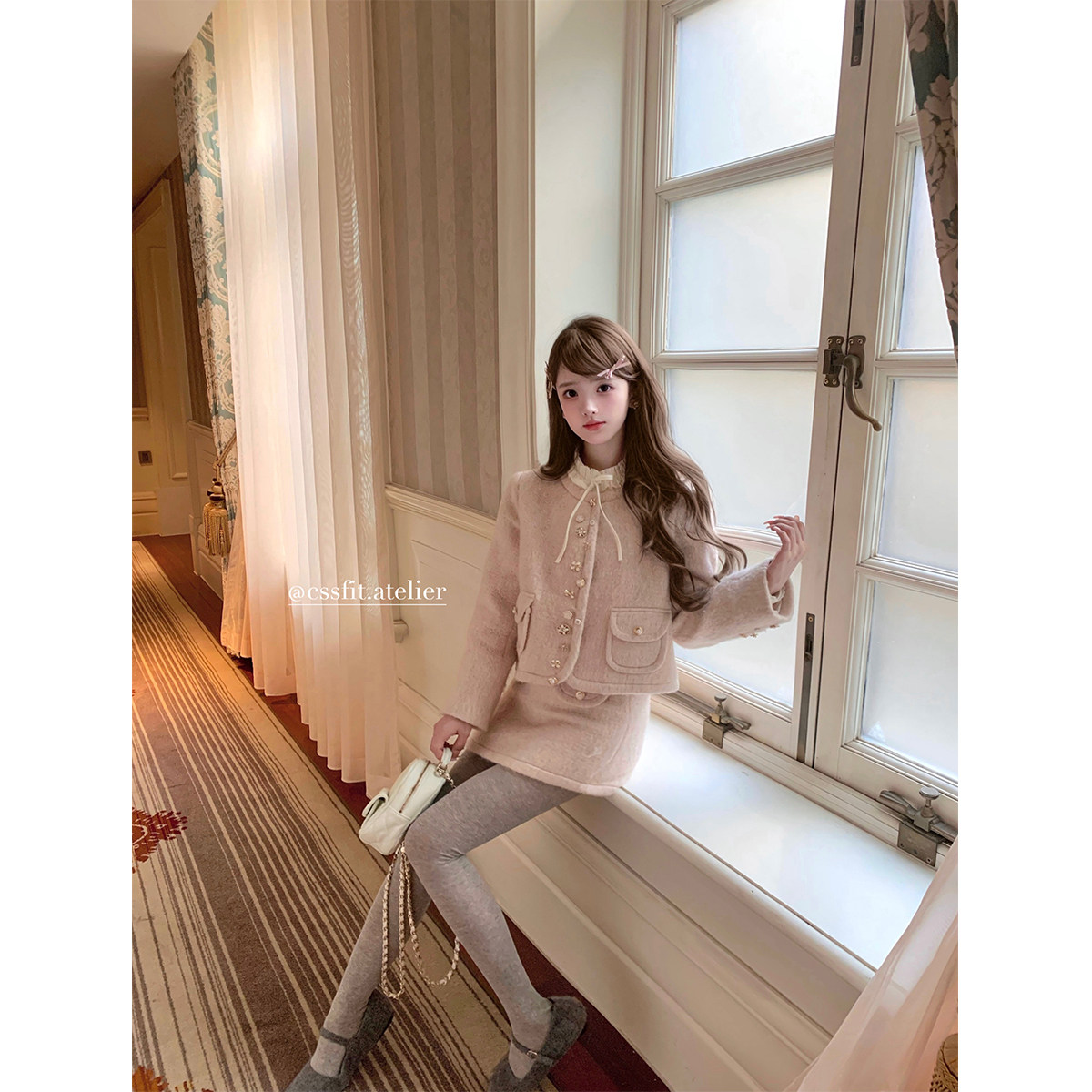 迟伞伞小香羊毛外套半裙套装