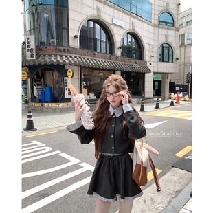 迟伞伞 女 耶鲁书签 蓝灰撞色条纹翻领外套系带半裙短裙气质套装