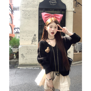 迟伞伞 v领学院感oversized黑色百搭气质简约套头毛衣 松露苏打