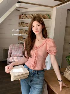 肌理感立体裁剪镂空刺绣亚麻系带衬衫 迟伞伞 晕染粉黛 女夏