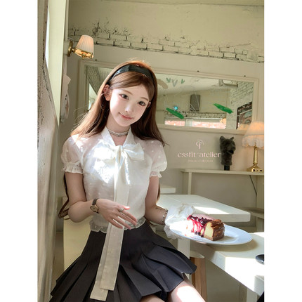 迟伞伞25/ss 铂金乖乖牌 sst植绒蝴蝶结波点天丝衬衫双层百褶半裙