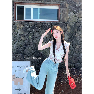 桃心系带小飞袖衬衫+连衣裙