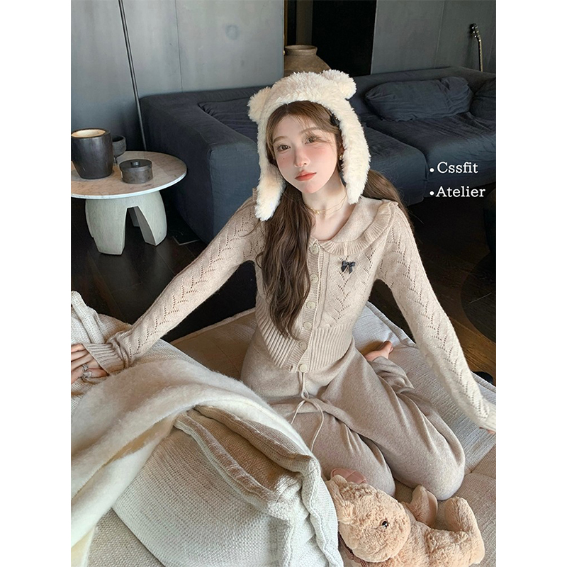 迟伞伞 25/ss 慵懒周末 少女感燕麦色澳洲羊毛蝴蝶结上衣半裙长裤