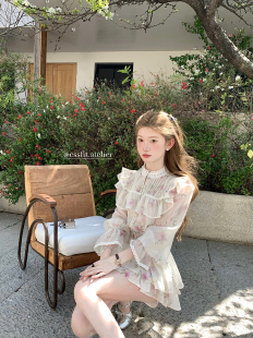 半身裙套装 迟伞伞 刺绣蕾丝古风碎花衬衫 轻中式 女春秋 花落胭脂