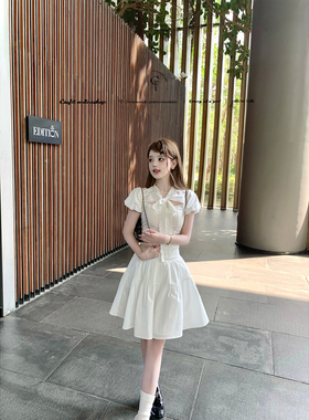 迟伞伞25/ss 韩女心事 thetis蝴蝶结镂空系带衬衫纯棉中裙套装夏