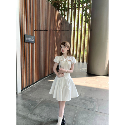 迟伞伞镂空系带衬衫&棉质中裙