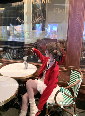 迟伞伞 节日限定番 新年圣诞红色假两件叠穿针织开衫白色纱裙短裙