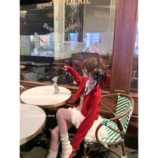 迟伞伞 节日限定番 新年圣诞红色假两件叠穿针织开衫白色纱裙短裙