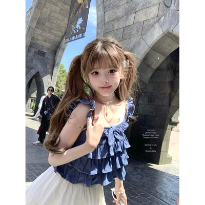 迟伞伞兔耳朵拼接牛仔小蛋糕上衣