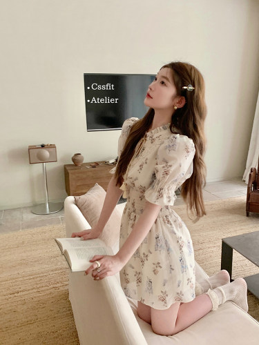 水仙碎花麦穗蕾丝连衣裙