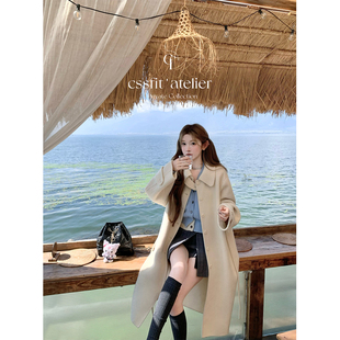 迟伞伞 腰间抽绳奶白色翻领手工羊毛双面呢长大衣外套 奶油泡芙