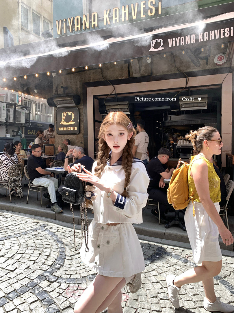 Woman wearing a white coordinated outfit with a black handbag in a sunny street café scene