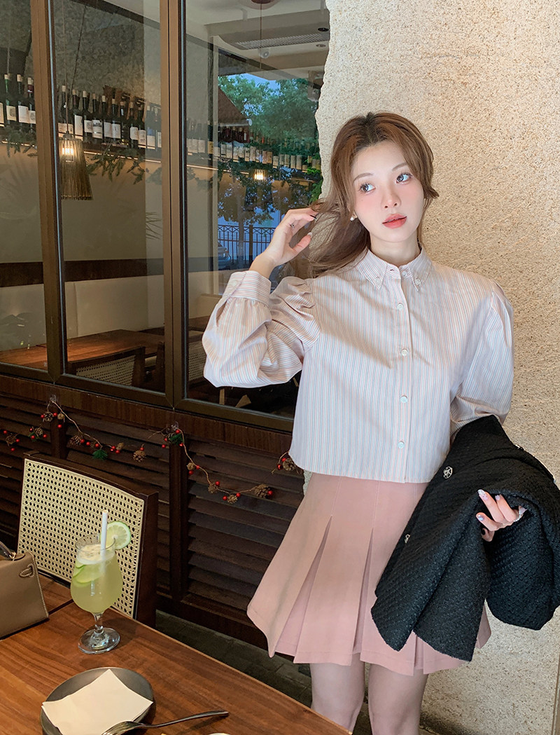 迟伞伞 one last kiss 粉色条纹衬衫女通勤百搭休闲长袖上衣,女装/女士精品,衬衫,淘宝优惠券,粉丝福利购,淘宝优惠卷