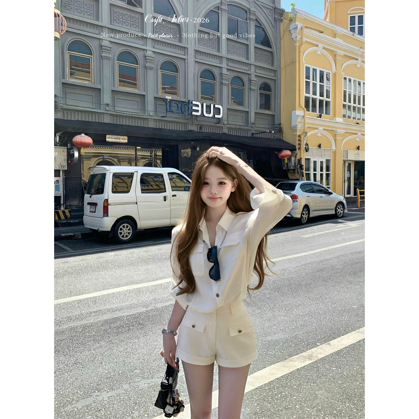 迟伞伞26/ss少即是多 RL天丝莱赛尔长期主义蝴蝶结衬衫白短裤套装