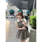 迟伞伞 麻灰设计感蝴蝶结蓬蓬背心裙气质短裙女 云雀歌剧院