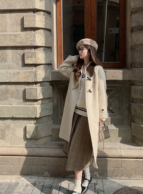 迟伞伞  dear reader燕麦拼咖啡 牛角扣大衣女蚕丝羊毛外套