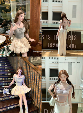 迟伞伞26/ss 灰雨诗集 蕾丝肩带拼接系带棉质香芋紫灰色修身tee