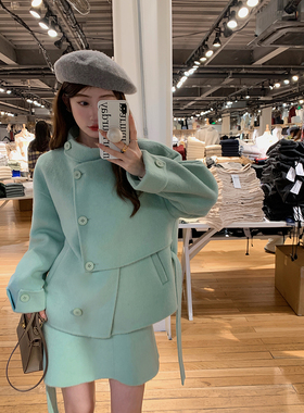 迟伞伞  格陵兰岛 薄荷绿色羊毛大衣外套套装女显瘦鱼尾半裙