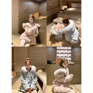 迟伞伞25/fw 初雪甜心 环保貂貂狐狸毛领连帽皮草外套粉/蓝两色入