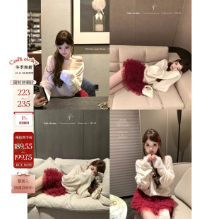 两色暗纹斜肩马海毛针织衫 糯糯雪饼 车厘子红蛋糕裙 迟伞伞25