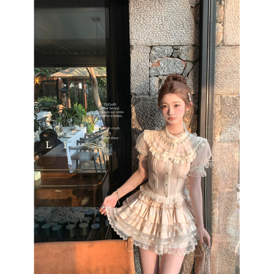 迟伞伞钉珠领蕾丝纱重工透透衬衫