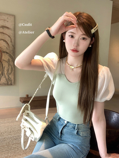 迟伞伞 馥奇薄荷糖 芭蕾core拼纱上衣系带纱裙套装女夏森系两件套