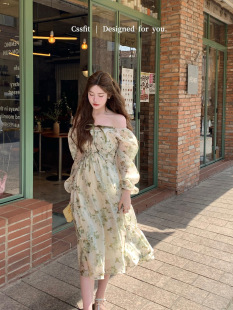 度假系列 迟伞伞 抹茶百合 系带优雅v领碎花连衣裙女