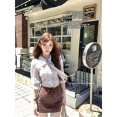 迟伞伞26 翻领上衣 棉质蝴蝶结木耳边系带条纹衬衫 首尔七月夜