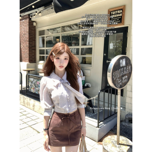 迟伞伞26/ss 首尔七月夜 棉质蝴蝶结木耳边系带条纹衬衫翻领上衣