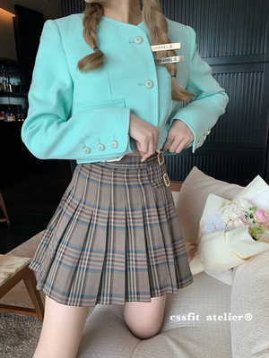 迟伞伞咖色格纹百褶短裙